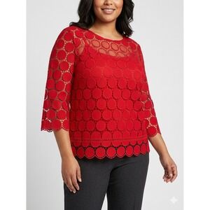 Talbots Woman Red Circle Lace 3/4 Sleeve Blouse Scalloped Hem Top 3X Coquette